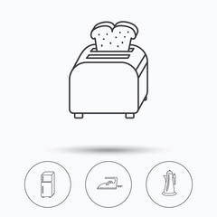 Toaster, refrigerator and iron icons. Kettle linear sign. Linear icons in circle buttons. Flat web symbols. Vector