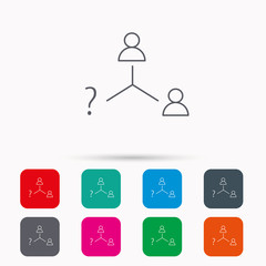 Vacancy or hire job icon. Teamwork sign. Question mark symbol. Linear icons in squares on white background. Flat web symbols. Vector