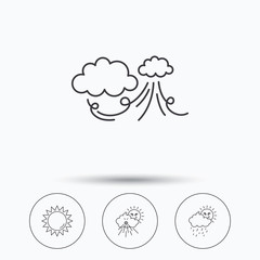 Weather, strong wind and rainy day icons. Sun linear sign. Linear icons in circle buttons. Flat web symbols. Vector