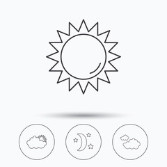 Weather, sun and cloudy icons. Moon night linear sign. Linear icons in circle buttons. Flat web symbols. Vector