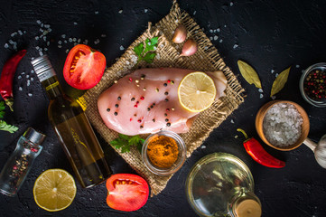 Cooking chicken. The table with the ingredients for the dishes. On a black background.