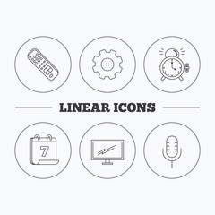 Microphone, alarm clock and TV remote icons. Widescreen TV linear sign. Flat cogwheel and calendar symbols. Linear icons in circle buttons. Vector
