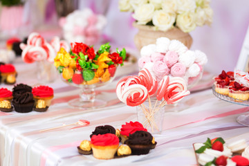 Candy Bar. Delicious sweet buffet with cupcakes. Sweet holiday buffet with cupcakes and other desserts.Table with sweets, candies, dessert