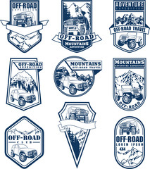 set of Vector emblems with 4x4 vehicle off-road car and mountains © Save Jungle