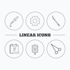 Blood donation, scalpel and pipette icons. Peans forceps linear sign. Flat cogwheel and calendar symbols. Linear icons in circle buttons. Vector