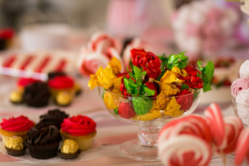 Candy Bar. Delicious sweet buffet with cupcakes. Sweet holiday buffet with cupcakes and other desserts.Table with sweets, candies, dessert