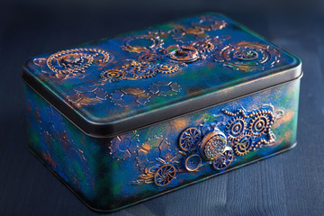 handmade steampunk box with mechanical cogs wheels clockwork