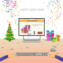 Decorated Workplace Computer Hands Using Typing Happy New Year Internet Christmas Sale Decoration Flat Vector Illustration