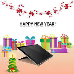Decorated Workplace Tablet Computer Happy New Year Internet Christmas Sale Decoration Flat Vector Illustration