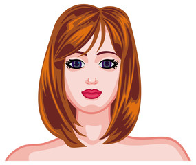 Girl face with brown hair and modern haircut. 
