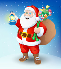 Christmas. Santa Claus with a flashlight and a bag of gifts. Vector illustration.