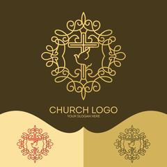 Church logo. Christian symbols. The Cross of Jesus, the Holy Spirit - Dove, elegant patterns.
