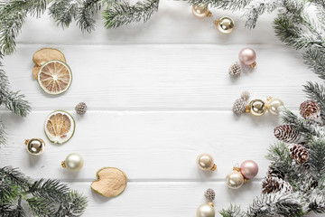 Christmas white wooden background with fir branches top view. Te - 125764916