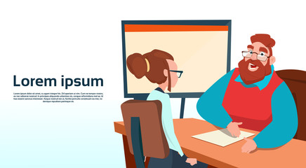 Naklejka premium Businessman Sitting Office Desk Businesswoman Apply Job Interview Business People Candidate Flat Vector Illlustration