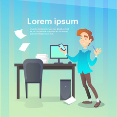 Business Man Hold Cell Smart Phone Chatting Office Workplace Interior, Social Network Communication Flat Vector Illustration