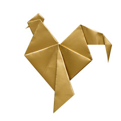 Shiny golden paper folded rooster handmade origami craft on white background isolated