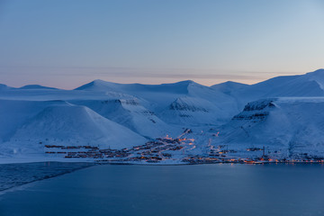 Worlds northernmost town - Longyearbyen in blue light