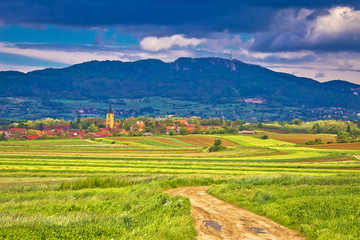 Village of Miholec church tower and Kalnik