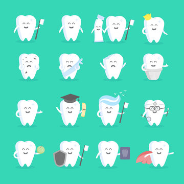 Cute cartoon tooth character set with face, eyes and hands. The concept for the personage of clinics, dentists, posters, signage, web sites