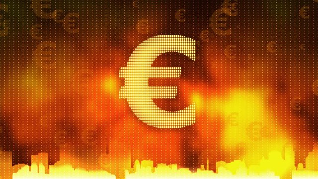 Euro sign zoom in on red background, financial crisis, debt default, monopoly