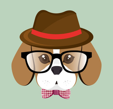cute hipster doggy hat glasses bow vector illustration eps 10