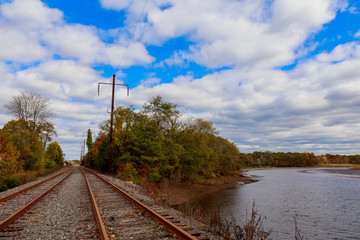 Fototapeta na wymiar railroad close up to horizon under dramatic sky