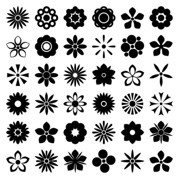 Flower icons set. Flower silhouettes isolated on white background collection. Retro design elements for stickers, labels, tags, gift wrapping paper. Vector illustration