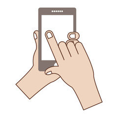 hand holding a smartphone device icon over white background. vector illustration