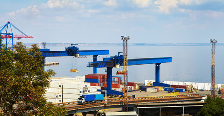 Sea Port in Odessa, Ukraine, 2016. Hoisting crane and ship