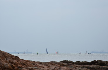 Rocky sea with many windsurfers in the horizon.