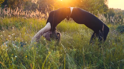 Girl on the nature of the exercise. Beautiful deflection element workout yoga element.
