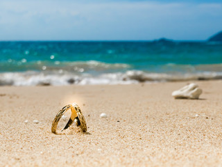 Fototapeta na wymiar Honeymoon on tropical island, two wedding rings on the beach, sa