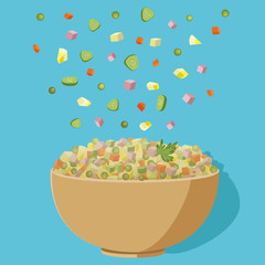 Vector illustration of russian traditional new year's dish Olivier salad. 