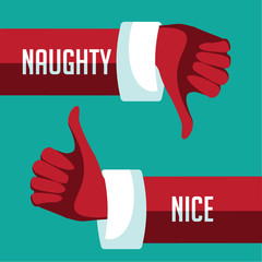 
Flat design Santa Claus giving the thumbs up or thumbs down depending on whether you were naughty or nice this Christmas. EPS 10 vector. - obrazy, fototapety, plakaty