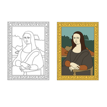 Linear flat illustration of portrait The Mona Lisa by Leonardo da Vinci. 
