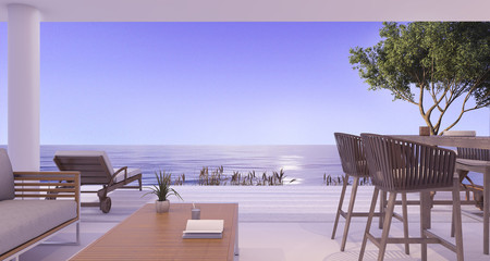 3d rendering interior villa near sea in twilight scene