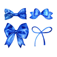 Set of beautiful hand drawn watercolor blue ribbons.