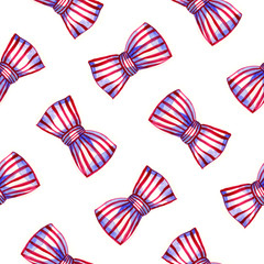 Fototapeta premium Bows of striped ribbon. Watercolor seamless pattern.