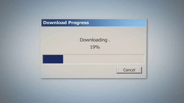 Retro downloading dialog box with blue status bar, percentage showing progress