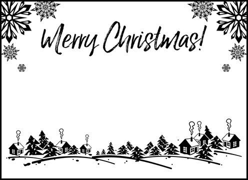 Silhouette frame with winter village and greeting text "Merry Christmas!". 