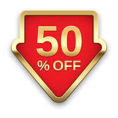 50% off golden badge, vector.