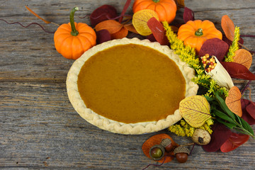 Thanksgiving pumpkin pie with fall leaves and gourds on rustic wood