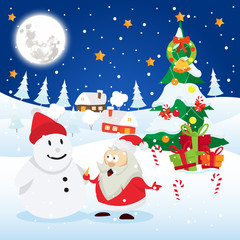 Christmas Card Illustration - Santa Claus Making A Snowman
