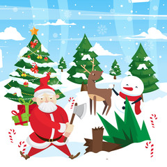 Christmas Card Illustration - Christmas Tree Cutting
