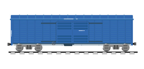 Railway wagon isolated on white background vector illustration. Railroad transport design element. Side view freight container. Cargo train on railroad. Rail carriage in flat design