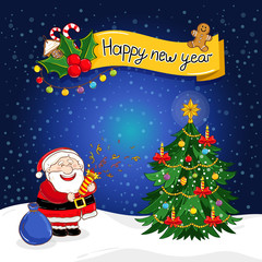 Fototapeta na wymiar Happy New Year greeting card with Santa Claus and decorated christmas tree vector illustration. Santa with sack full of gifts. Christmas tree with light decoration and toys. Snowflakes background