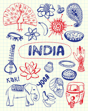 India associated symbols. Indian national, cultural, architectural, culinary, nature, historical, religious related hand drawn doodles vector set. Sketched asian icons