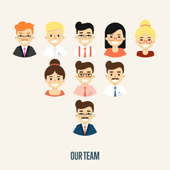 Group of smiling male and female faces avatars on white background. Our team banner, vector illustration. Teamwork and business team concept. Corporate hierarchy. Human resource management