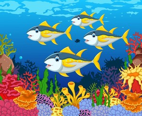 funny tuna fish cartoon with beauty sea life background