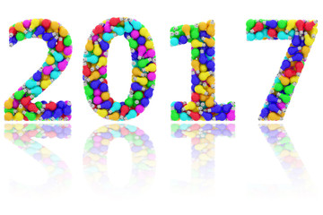 2017 digits composed of colorful lightbulbs on glossy white background